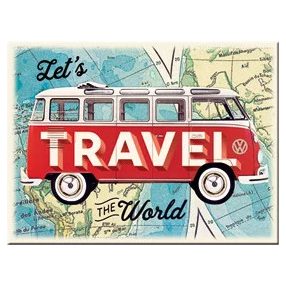   RETRO Volkswagen - VW Bulli - Let's Travel the World - Magnet na chladničku
